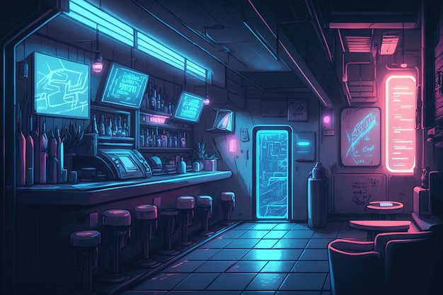 Un'illustrazione dell'interno di una futuristica discoteca cyberpunk con un bar e illuminazione al neon