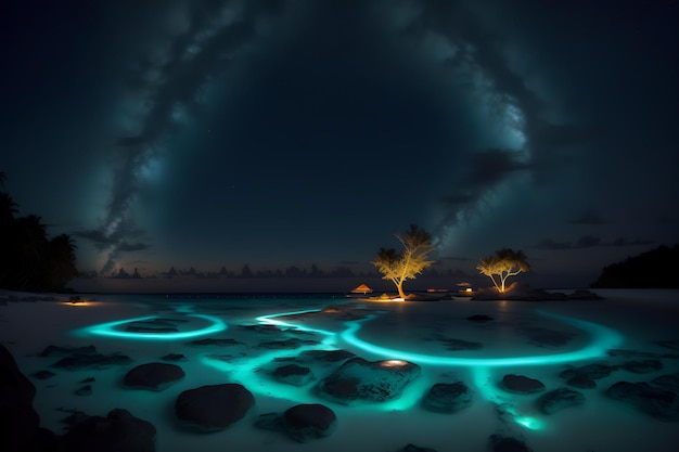 Un'illustrazione della costa della bioluminescenza alle Maldive