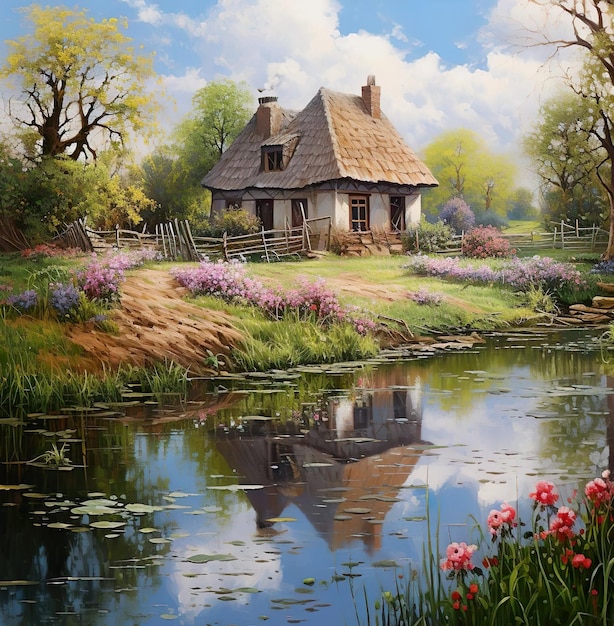 Un'illustrazione della pittura della casa vicino al lago e al fiore