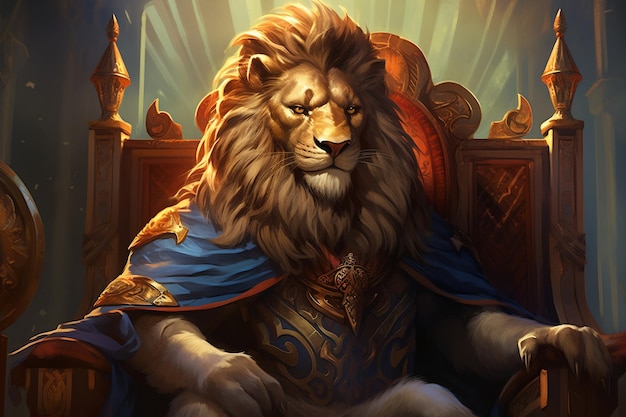 Un'illustrazione dettagliata che mostra un maestoso leone seduto su un trono in modo regale Generativo Ai