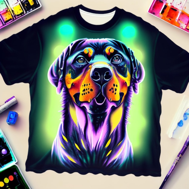 Un'illustrazione dettagliata cool ninja Rottweiler magia tshirt design colore giallo magia oscura