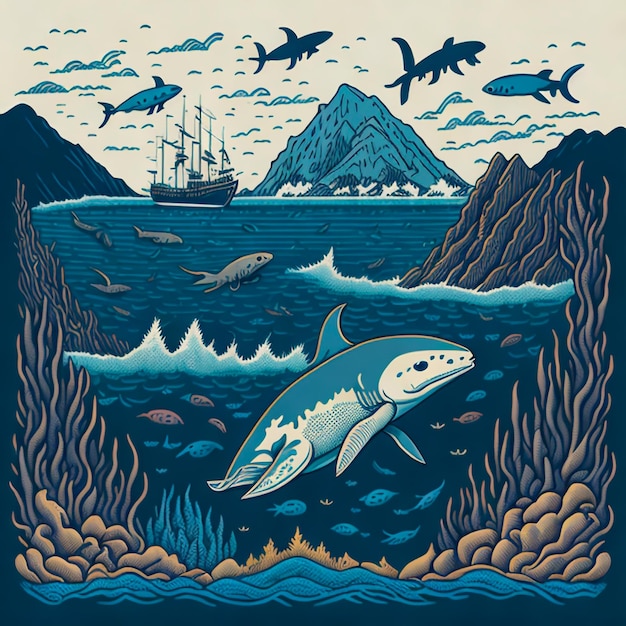 Un'illustrazione dettagliata della penisola con lupi di mare e balene vector art