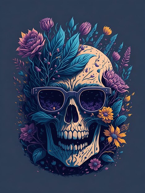 Un'illustrazione dettagliata di un Dead Skull che indossa occhiali da sole alla moda con fiori spruzzati