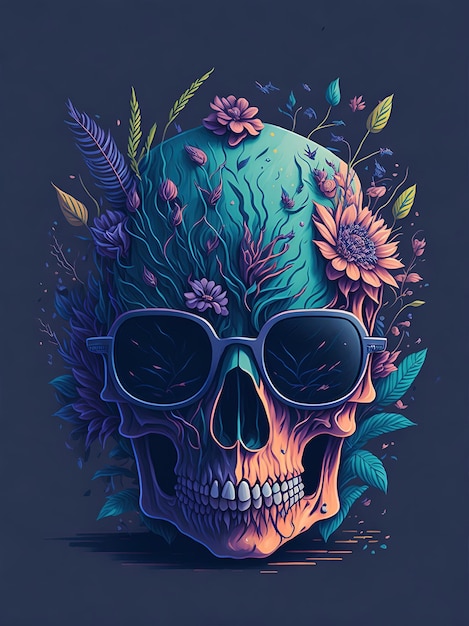Un'illustrazione dettagliata di un Dead Skull che indossa occhiali da sole alla moda con fiori spruzzati