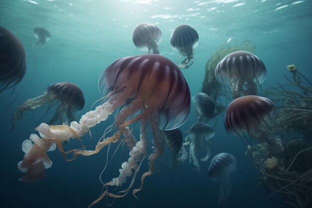 Un'illustrazione dettagliata di un gruppo di creature marine come meduse o polpi in acque profonde e misteriose