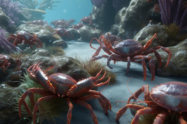 Un'illustrazione dettagliata di un gruppo di crostacei come granchi o aragoste in un ambiente vivace e vivace