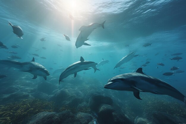 Un'illustrazione dettagliata di un gruppo di mammiferi marini come i delfini o le balene nel loro ambiente naturale