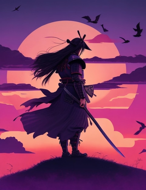 Un'illustrazione dettagliata di un samurai che tiene alta la sua spada nel cielo di un viola intenso mentre il sole tramonta