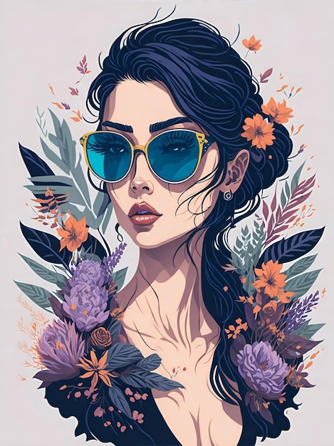 Un'illustrazione dettagliata di una bella donna che indossa occhiali da sole alla moda con spruzzi di fiori