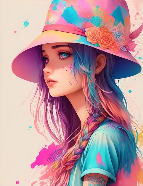 Un'illustrazione dettagliata di una bella ragazza che indossa un cappello acquerello arte AI generato