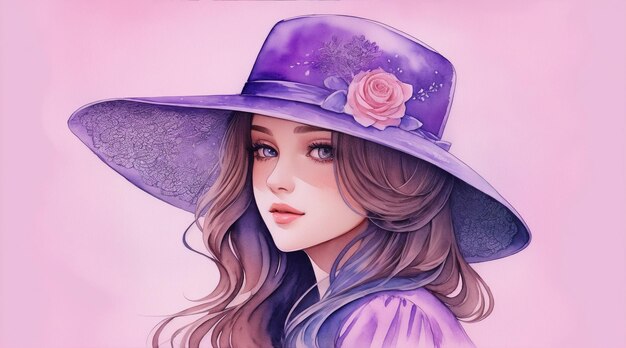 Un'illustrazione dettagliata di una bella ragazza che indossa un cappello acquerello IA generativa