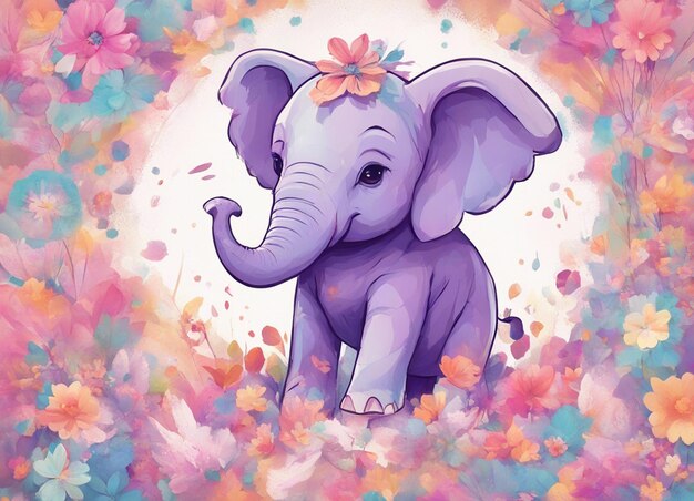 Un'illustrazione dettagliata di una stampa di un carino bambino elefante colorato fiore fantasia spruzza