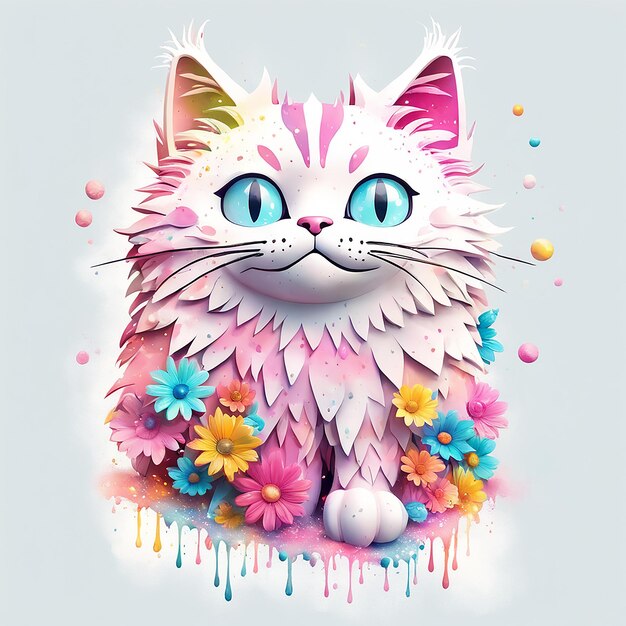 Un'illustrazione dettagliata di una stampa di un gatto colorato una statua di gatto con fiori generata da Ai
