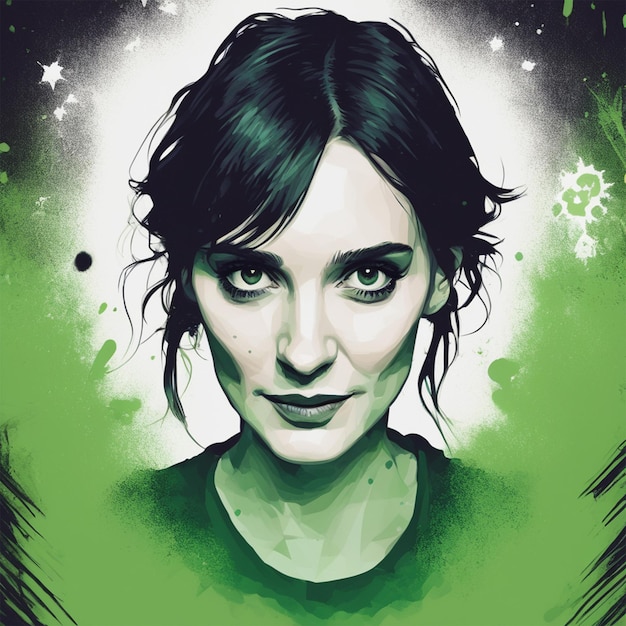 Un'illustrazione dettagliata Face Evil Winona Ryder Magic T-Shirt Design Colore verde Splash scuro