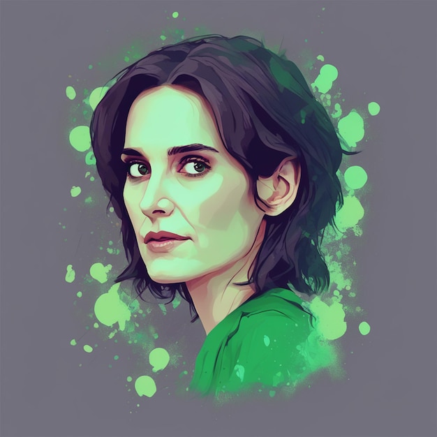 Un'illustrazione dettagliata Face Evil Winona Ryder Magic T-Shirt Design Colore verde Splash scuro