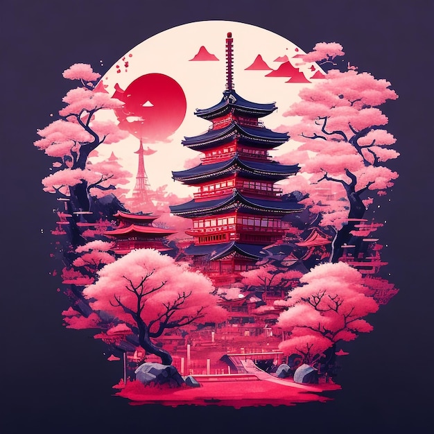 Un'illustrazione dettagliata Japan city magic tshirt design red colordark magic splash dark ghotic