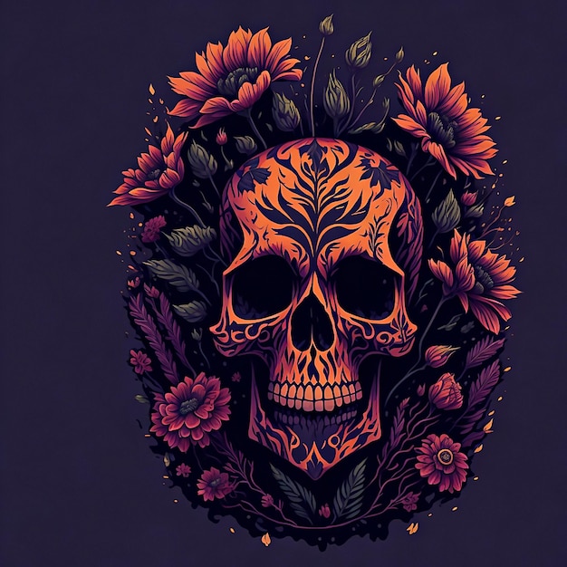 Un'illustrazione dettagliata un teschio di dia de los muertos con fiori