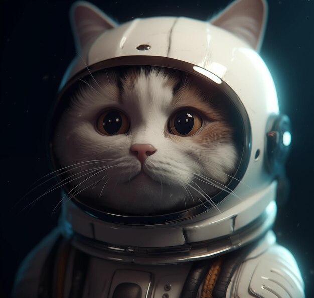 Un'illustrazione di AI di un gatto vestito con una tuta spaziale che fissa la telecamera