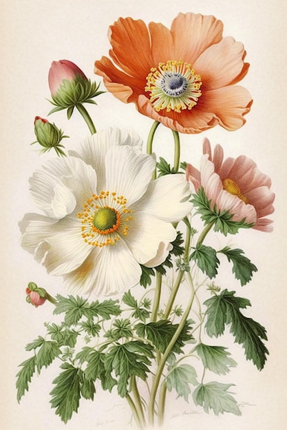 Un'illustrazione di anemoni e una foglia verde.