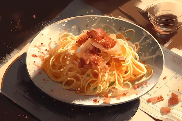 Un'illustrazione di arte digitale classica degli spaghetti alla carbonara AI generativa