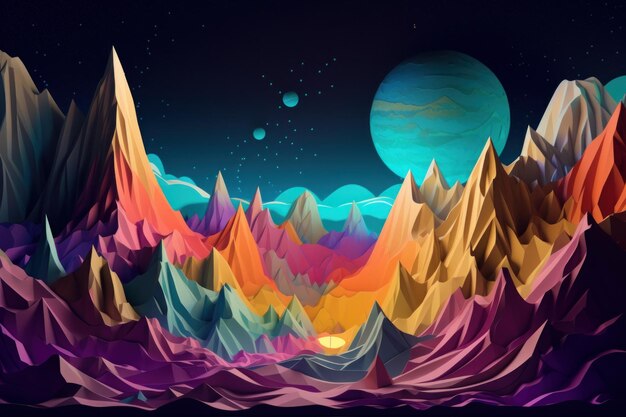 Un'illustrazione di arte digitale delle montagne con un pianeta sullo sfondo.