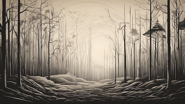Un'illustrazione di arte vettoriale geometrica minimalista di una foresta misteriosa