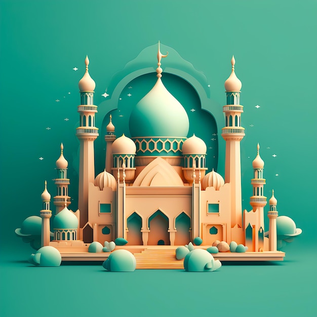 Un'illustrazione di carta tagliata di una moschea con una cupola blu e uno sfondo verde.