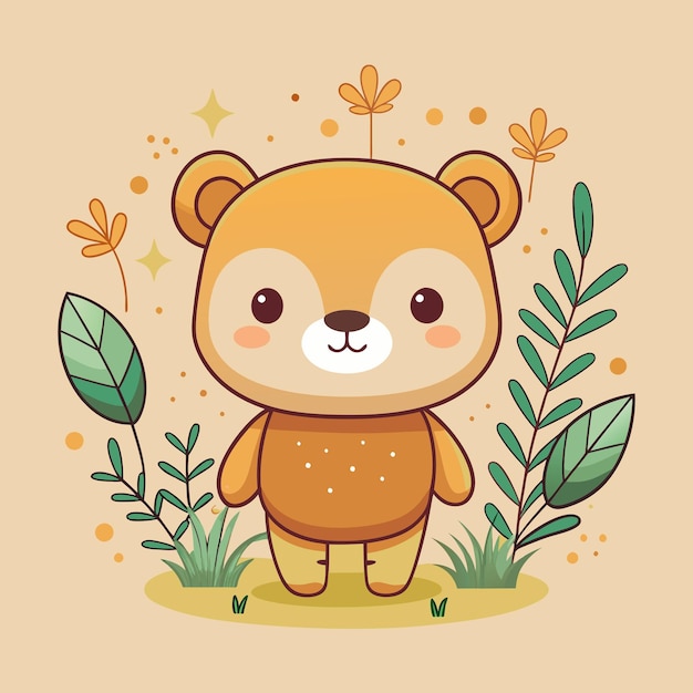 un'illustrazione di cartone animato di un orso con un naso marrone e foglie verdi