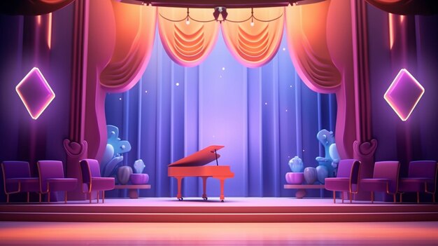 un'illustrazione di cartone animato di un pianoforte a coda sul palco con una tenda generativa ai