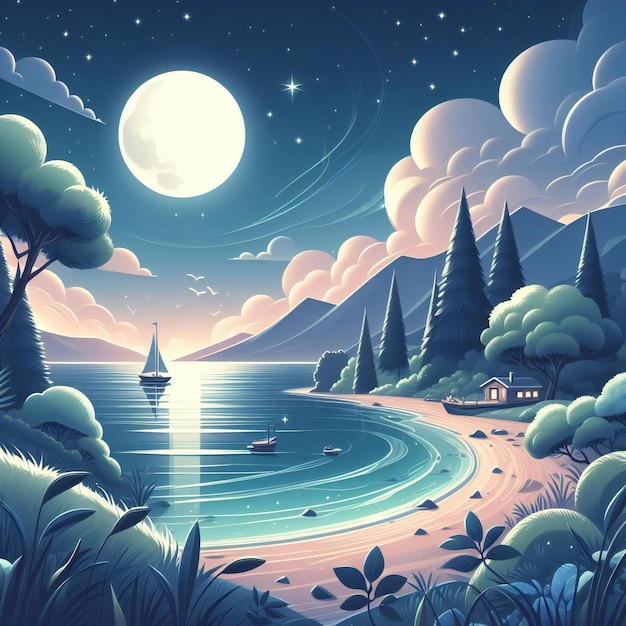 un'illustrazione di cartone animato di una barca che naviga nell'acqua con una luna nel cielo