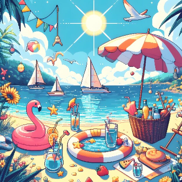 un'illustrazione di cartone animato di una scena sulla spiaggia con una scena sulla costa con barche e sole