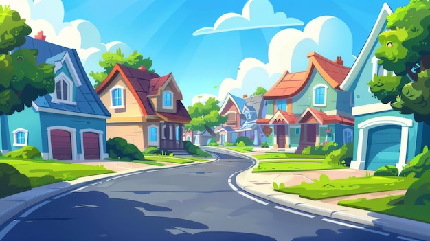 Un'illustrazione di case suburbane strade suburbane e edifici di campagna con garage facciate di case con alberi verdi e strade asfaltate di fronte ai cortili