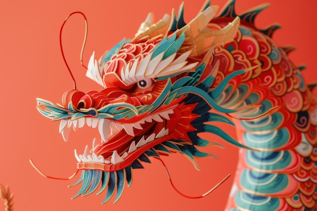 Un'illustrazione di drago cinese sorprendentemente vivida e colorata che tesse motivi floreali su un ricco