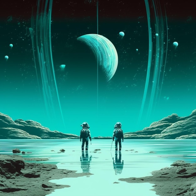 Un'illustrazione di due astronauti che guardano un pianeta con degli anelli su di esso.
