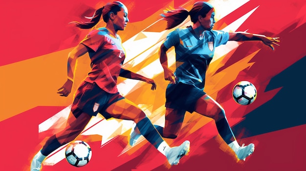 Un'illustrazione di due donne che giocano a calcio con una di loro che indossa il numero 2 in basso.