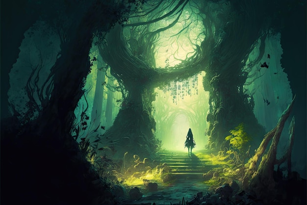 Un'illustrazione di fantasia epica con una foresta misteriosa bella magica storia misteriosa IA generativa