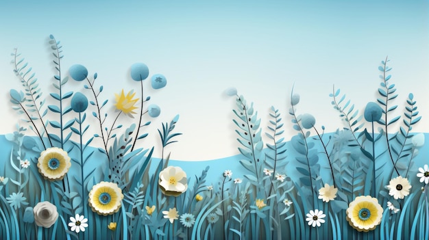 un'illustrazione di fiori ed erba su sfondo blu