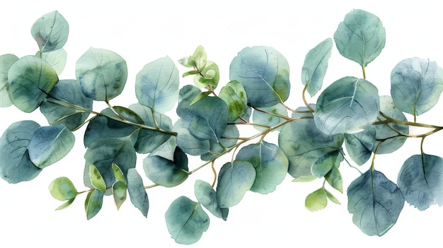 Un'illustrazione di foglie di eucalipto isolate su uno sfondo bianco dipinto a mano in acquerello