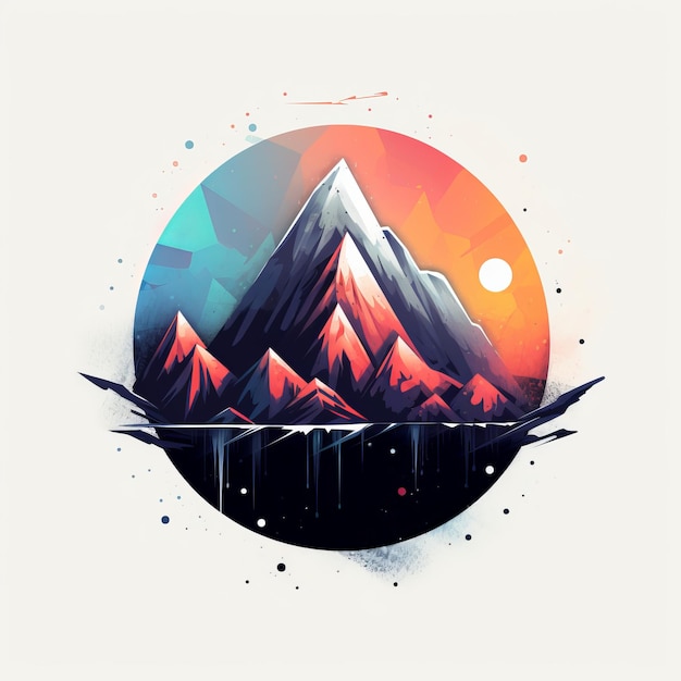 un'illustrazione di montagne e acqua al tramonto