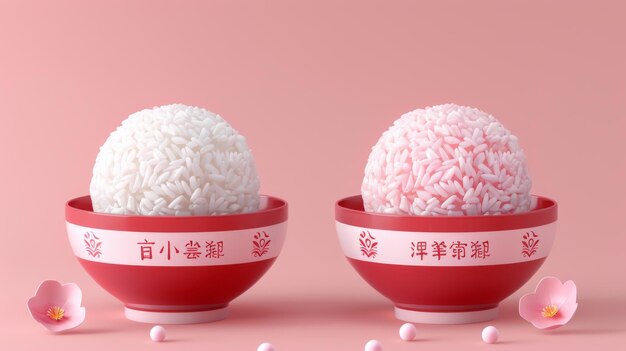 Un'illustrazione di palline di riso glutinoso rosa e bianco con riempimento di arachidi dolci in ciotole rosse sulle ciotole c'è una benedizione cinese