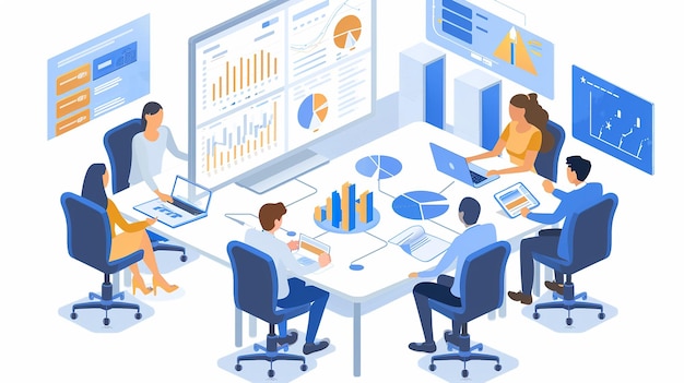 un'illustrazione di persone che lavorano in una sala riunioni con un grafico che mostra grafici e grafici