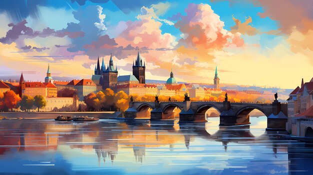 Un'illustrazione di Praga con il suo antico castello