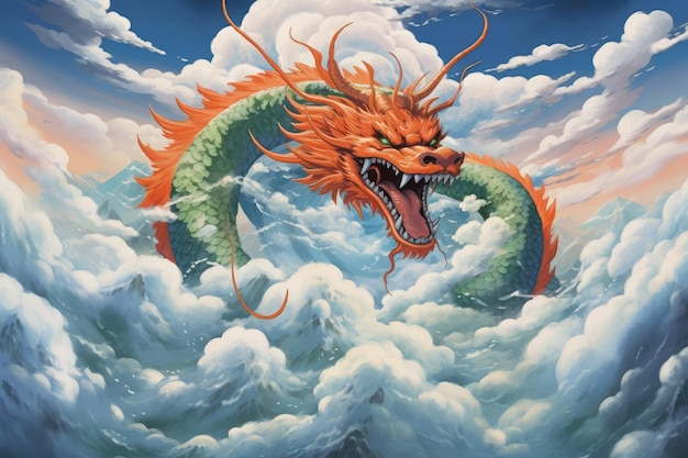 Un'illustrazione di Shenron che galleggia tra le nuvole nimbus