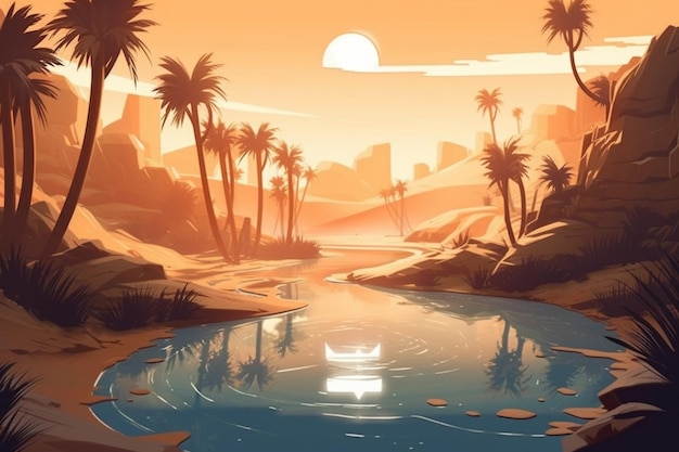 Un'illustrazione di stile del fumetto di un fiume del deserto con l'IA generativa delle palme