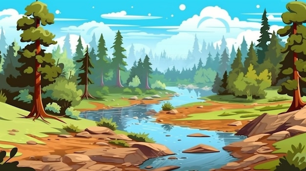 Un'illustrazione di stile del fumetto di un fiume in una foresta generativa ai