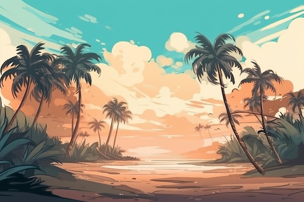 Un'illustrazione di stile del fumetto di una spiaggia tropicale con ai generativa delle palme