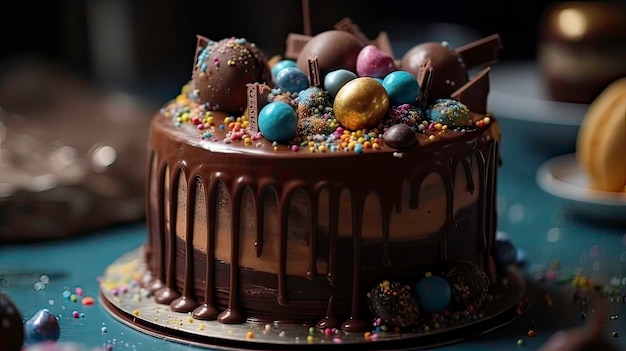 Un'illustrazione di torta celebrativa con cioccolato e caramello generata da AI