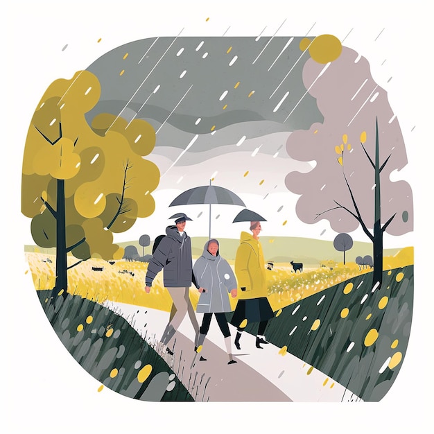 Un'illustrazione di tre persone che camminano sotto la pioggia