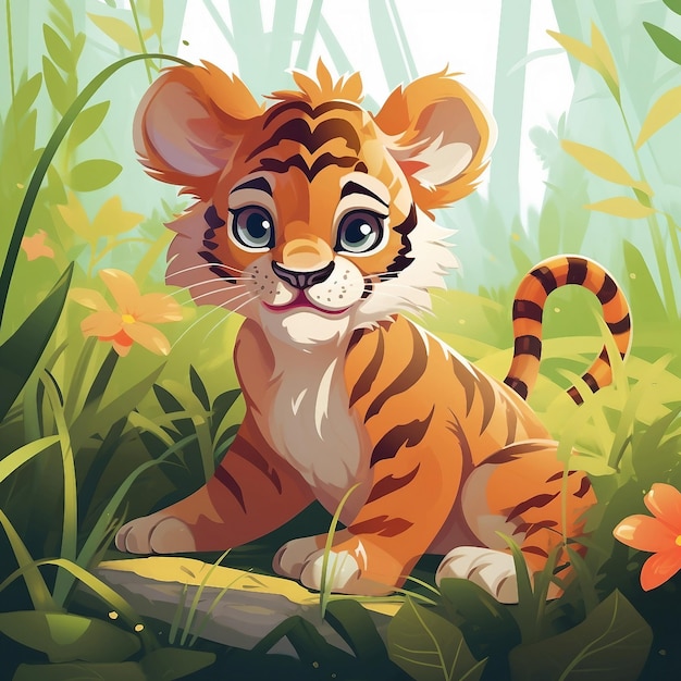 Un'illustrazione di un adorabile cucciolo di tigre seduto nell'erba generata dall'AI