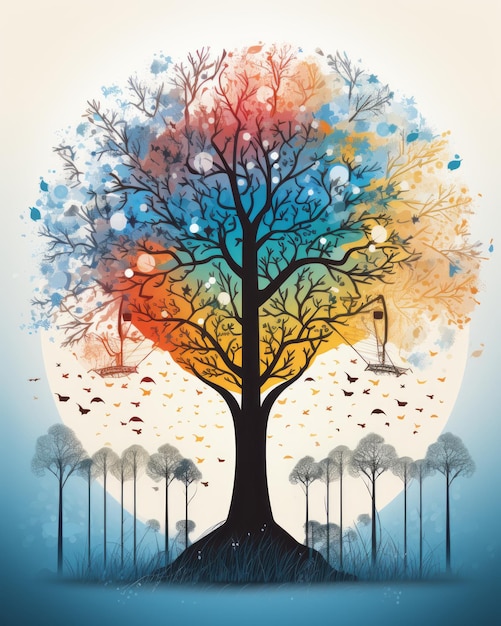 Un'illustrazione di un albero con foglie colorate